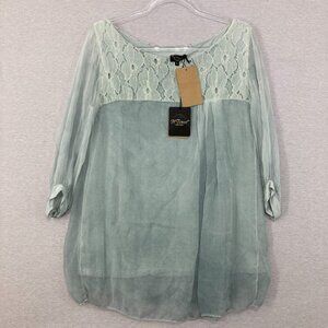 New H Trend Large Made in Italy 100% Silk Lace Boho 3/4 Sleeve Lagenlook Top